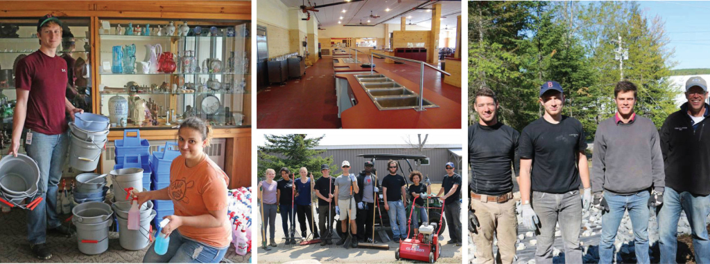 (Clockwise from left) Phil Knower '17 and Cari Vance '15 prepare for a day of housekeeping duties; New dining facility; Connor Williams '16, Phil Knower '17, Adam Martin '15, and CAMP President and Executive Director Jim Hammond take a break from hardscaping to smile for the camera; The landscaping team.