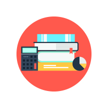 illustration: a stack of books, a calculator, and a pie chart set on a red background