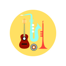illustration: a guitar, a saxophone, and a trumpet on an orange background
