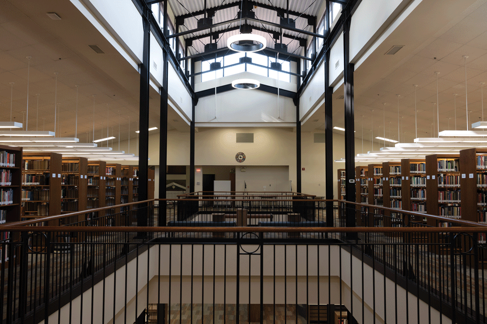 image of library mezzanine floor, showcasing the ceiling