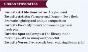 Chara's Favorites:
Favorite Medium to Use: Acrylic Paint
Favorite Artists: Vermeer and Degas—I love their dramatic lighting an unique composition
Favorite Food: My mom's homemade gyros on fresh pita
Favorite Spot on Campus: The library in the mornings—it's so sunny and peaceful
Favorite Verse: I've recently been enjoying Psalm 116:7